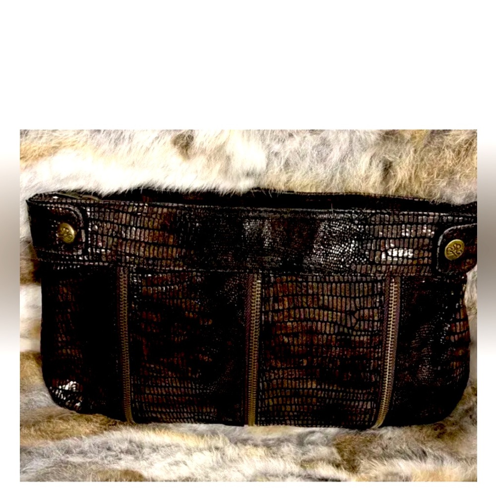 Vintage J Renee Brown Vegan Snake Clutch Handbag with Brass Accents